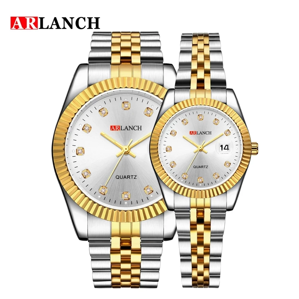ARLANCH Fashion Luxury Men Women Watch Gold Blue Quartz Wrist Watch Stainless Steel Couples Clock Casual Waterproof Mens Watches