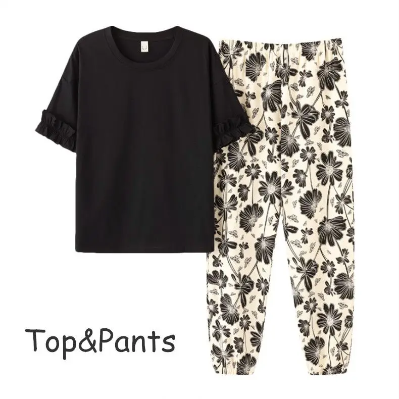 Yasuk Summer New Fashion Women's Casual Cotton Pullover Lovely Sleepwear Pajamas With Shorts Pants Flower Ruffle Sleeve Soft