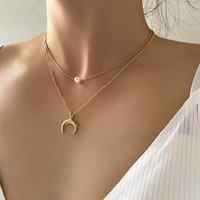 european and american fashion crescent pendant gold necklace woman luxury multi layer imitation pearl necklace jewelry gift