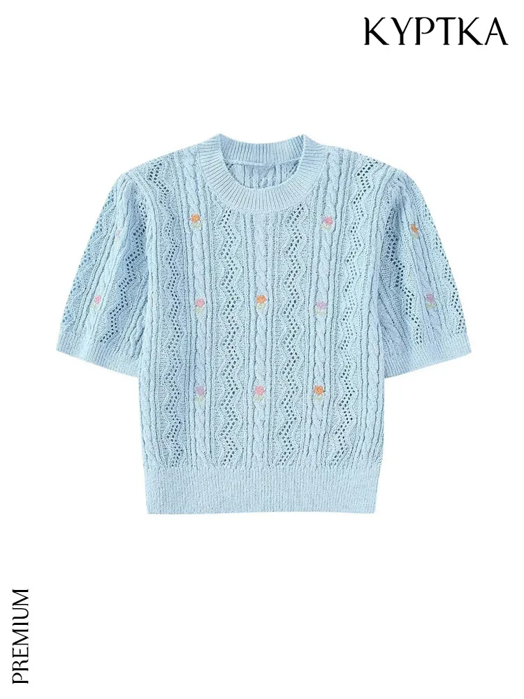 

KYPTKA Women Fashion Floral Embroidered Cropped Knit Sweater Vintage O Neck Short Sleeve Female Pullovers Chic Tops