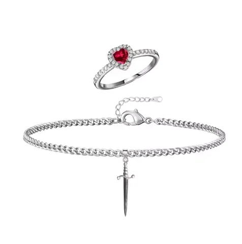 Пара браслетов и колец из нержавеющей стали с сердцем и кинжалом