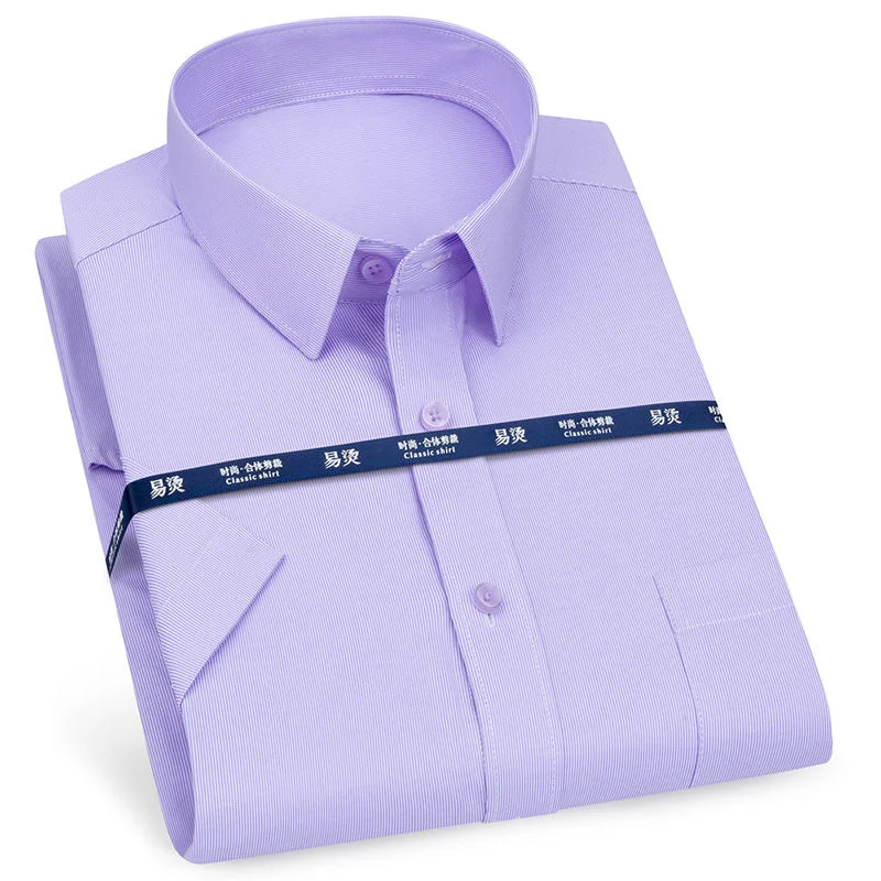 Mens Business Casual Short Sleeve Shirt Classic Plaid Striped Checked Male Social Dress Shirts Purple Blue 5XL Plus Large Size