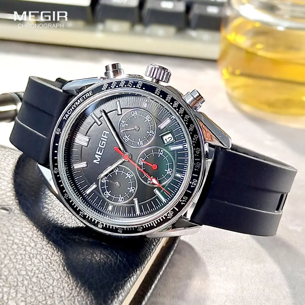 

MEGIR Chronograph Quartz Watch Men Military Sport Waterproof Wristwatch with Auto Date 24-hour Dial Luminous Hands Silver Black