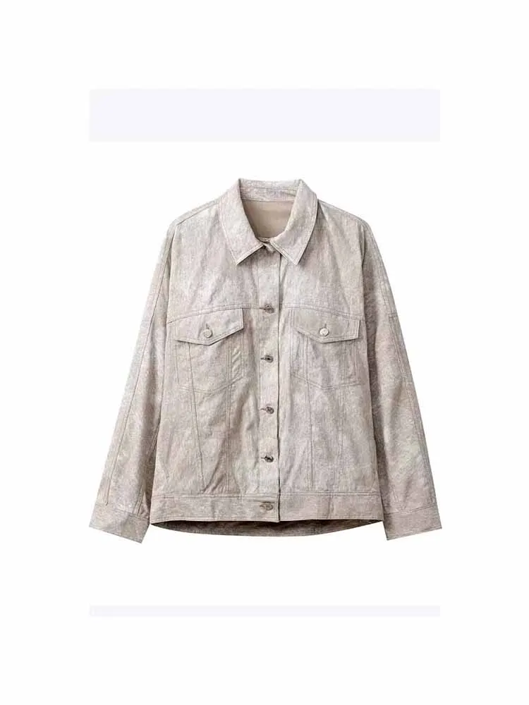 

Women 2023 New Fashion Printed loose Linen blend Jacket Coat Vintage Long Sleeve Button-up Female Outerwear Chic Overshirt