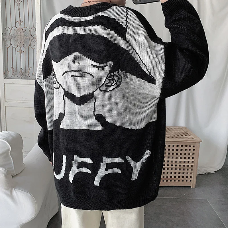 

One Piece Harajuku Spring Autumn Men Sweater Anime Cartoon Embroidery Knitted Pullover Black Loose Casual Streetwear Top Clothes