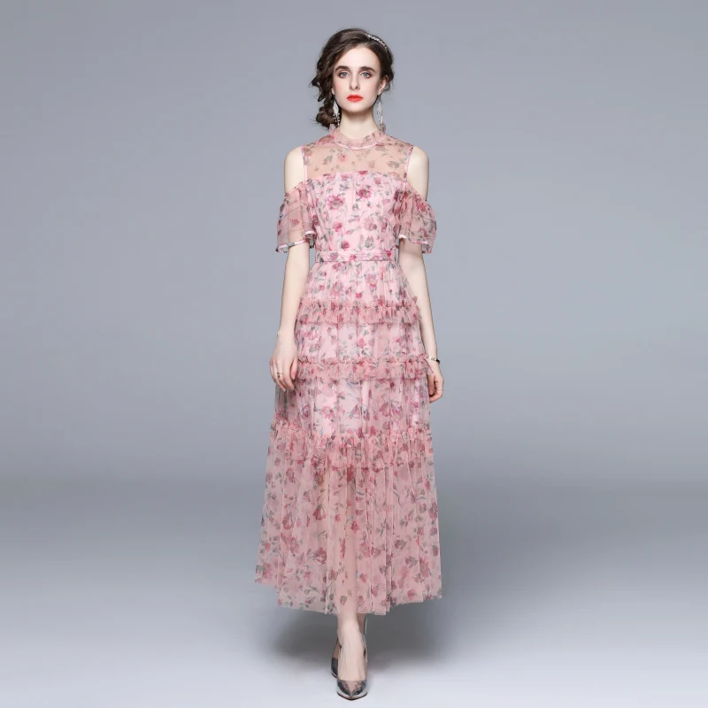 

Женское шифоновое платье с цветочным принтом, длинное платье с открытыми плечами, модель 682e на лето, 508-6