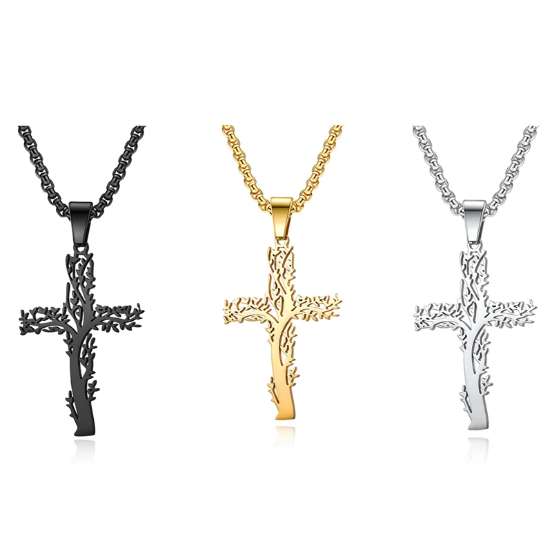 Tree Cross Stainless Steel Necklace Silver Color Statement Necklace Jewelry Joyeria Acero Inoxidable Mujer