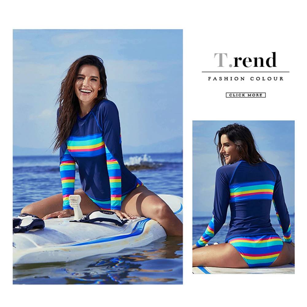 Women's Fashion Large Size Split Long Sleeve Striped Swimsuit Surf Suit Quick Dry Sunscreen Water Sports Beach Swim Surf Suit