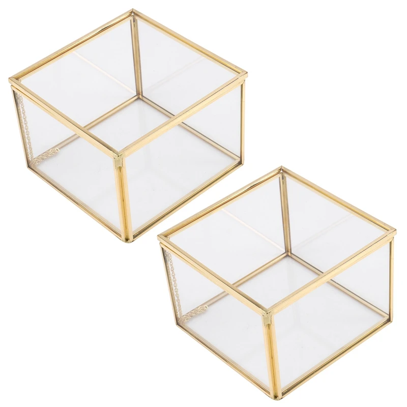 

2X Square Opening Glass Geometry Garden Jewelry Boxs Mirror Jewelry Storage Box Eternal Flower Decoration Box Crafts