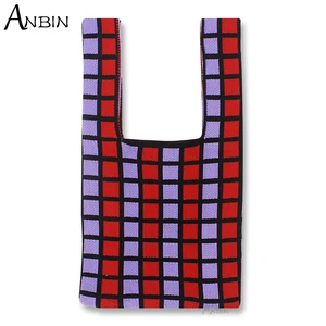 Women's Knot Color Checkered Panelled Handbag Fashion Knit Shoulder Bag Student Casual Large Capacit