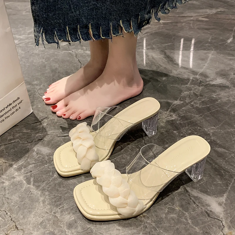 Med Slippers Women Summer High-Heeled Shoes Lady Slides Pantofle Fashion 2023 Luxury Transparent Rome PU Rubber Scandals Hoof