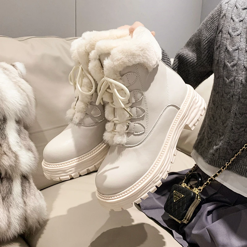 

Women's Winter Boots White Leather Suede Ankle Booties Platform Chunky Snow Boots Plush Warm Shoes Woman Fur Botas
