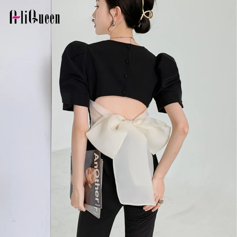 

Korean Fashion Short Puff Sleeve Shirts Women Summer Square Neck Bow Waist Back Hollow Out Tops Female Black White Sexy Blouses