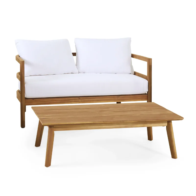 

Varva Acacia Wood Outdoor Loveseat and Coffee Table Set, Teak and White