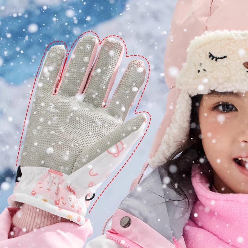 Children Skiing Gloves Winter Play Snow Waterproof Cute Boys Girls Warm Velvet Thick Cotton Students Children Ski Anti Cold Wind