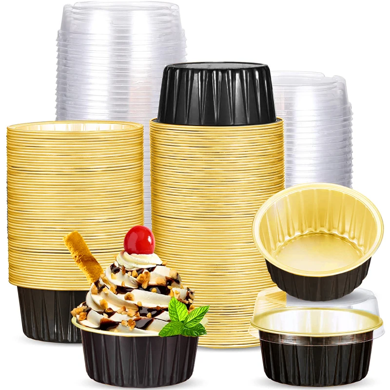 

Aluminum Foil Baking Cups with Lids, 100pcs 5 oz Black Dessert Baking Cups Holders, Cupcake Bake Utility Ramekin Clear Pudding C