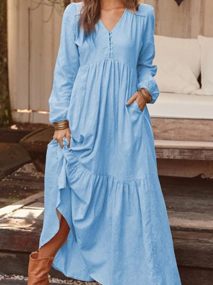 

2022 Summer V-neck Solid Color Loose Casual Dress New Women's Cotton Linen Retro Dress Fashion Ruffle Long Sleeved Large Skirt