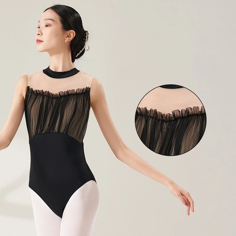 Фото Mulheres Ballet Collants Sem Mangas Gola Alta Malha Babados Oco Collant Adulto Meninas Skate Pólo Dança Боди Banho №2