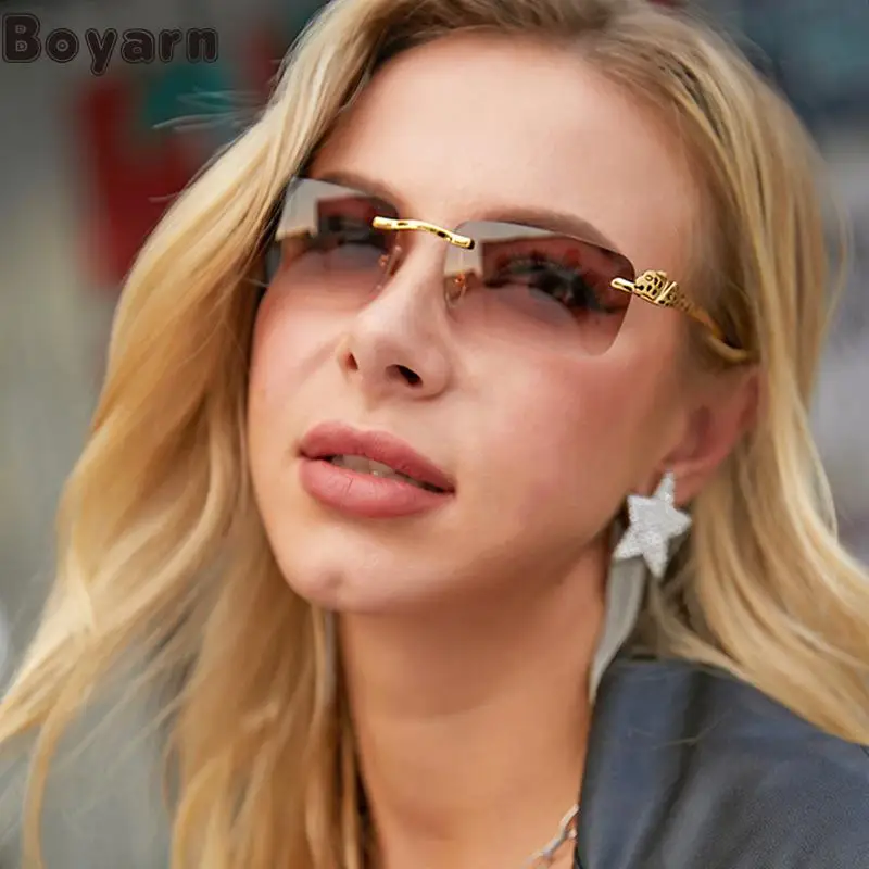 

Boyarn Strampunk Rimless Rectangle Sunglasses Women Leopard Head Frameless Small Square Sun Glasses Men UV400 Shades Eyewear