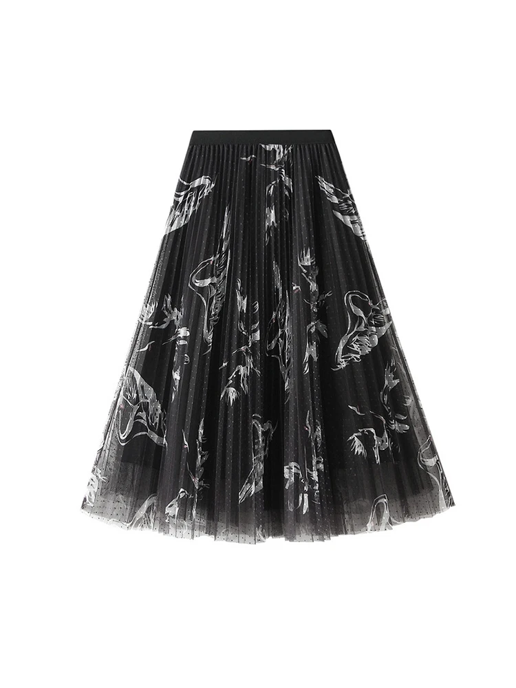 

Women Elegant Pleated Mesh Skirts 2022 Elastic High Waist Crane Print A-line Midi Tulle Skirt