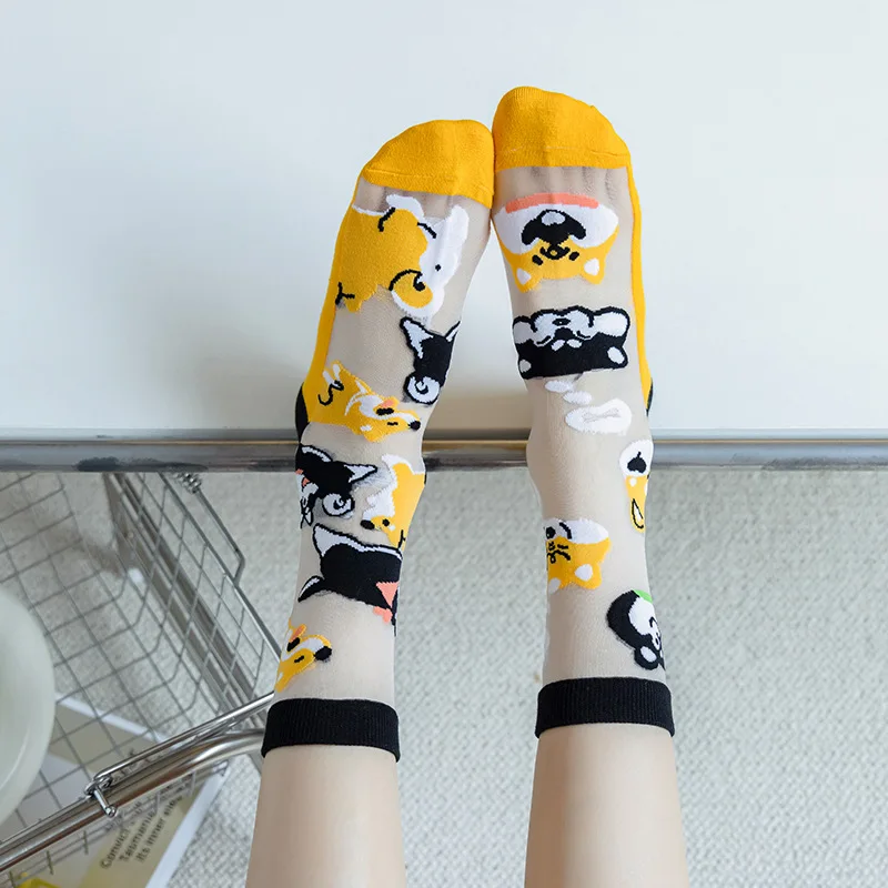 Summer crystal stockings women's ultra-thin personality jacquard asymmetric AB mid-tube girl glass stockings