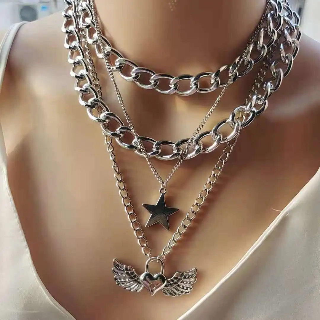 

Personality Exaggerated Thick Chain Angel Pendant Hip-hop Trend Multi-layer Retro Punk Style Temperament Necklace Women Jewelry