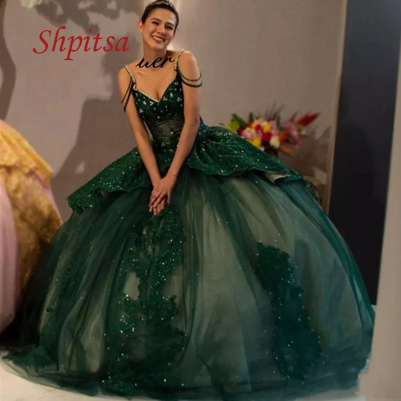 

Зеленое кружевное бальное платье, платья для Quinceanera, женское милое платье принцессы для маскарада, 16 пышных выпускных платьев на 15 лет