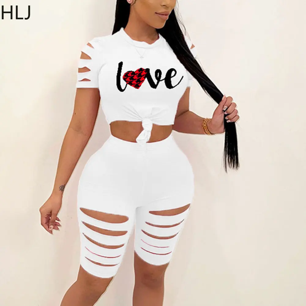

HLJ Fashion Printing Hole Devise Two Piece Sets Women Round Neck Crop Trop And Biker Shorts Outfits Female 2pcs Tracksuits 2023