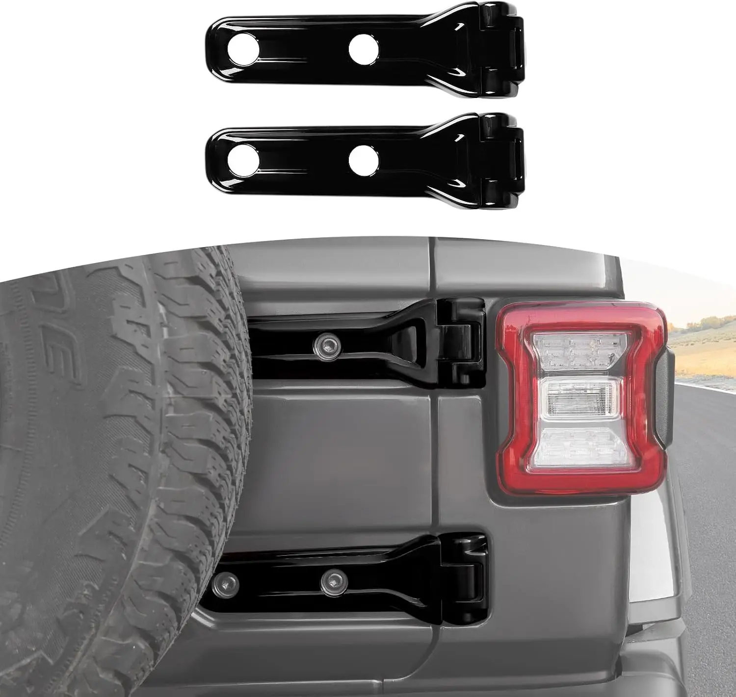 Фото Накладки на петли задней двери (крышки) для Jeep JL, черные, для Jeep Wrangler JL JLU 2018 года и новее, черные/серебристые, внешние аксессуары №1