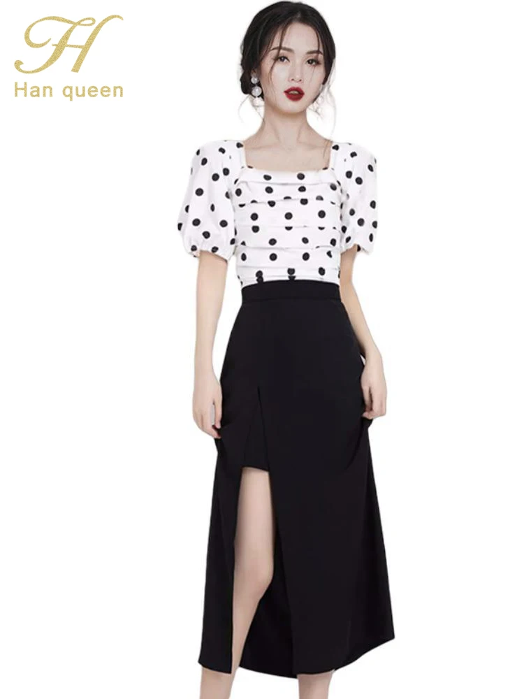 

H Han Queen Summer Professional 2 Pieces Set Women Polka Dot Shirt Top + High Waist Split Pencil Skirts Casual Simple Skirt Suit