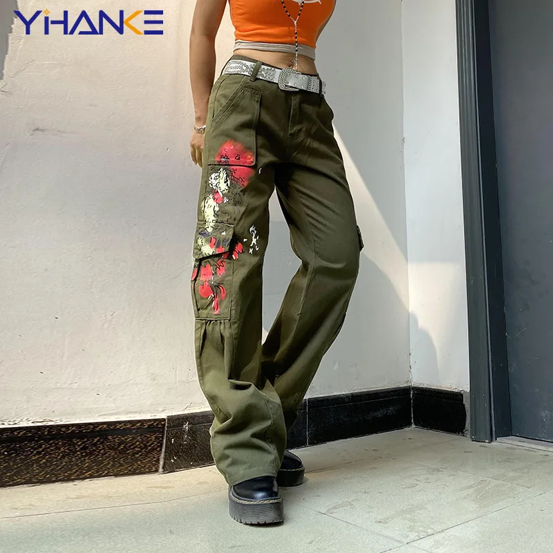 

Sweetown Streetwear Grunge Cargo Pants Tie Dye Print Vintage 90s Wide Leg Trousers Women Low Waist Straight Y2K Sweatpants