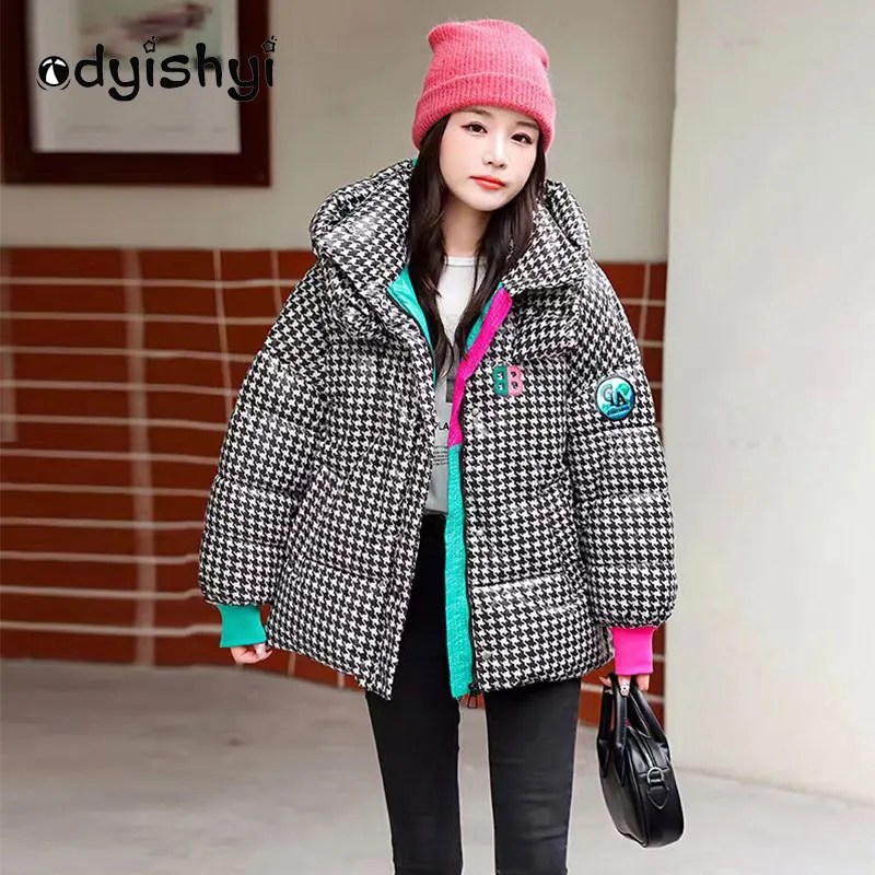 2022 New Women White Duck Down Coat Houndstooth Fashion Shiny Short Puffer Jacket Thick Loose Warm Winter Outwear Female YD90
