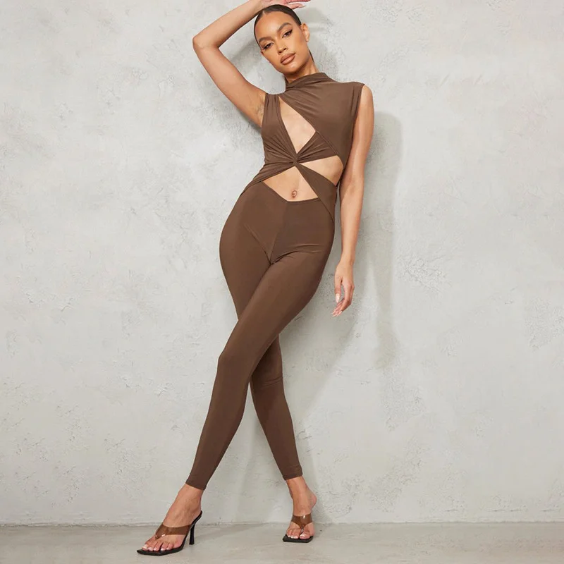 

Sylph Jumpsuits Women Summer Clothes 2022 Turtleneck Jumpsuit Sleeveless Sexy Cut Out Slim One-Piece Streetwear Brown Color Body
