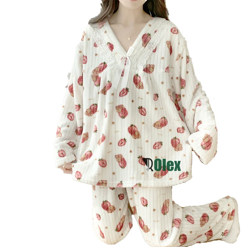 

Зимняя теплая Пижама, Женский пижамный комплект для сна, комплект из двух предметов, ночная рубашка, фланелевая Домашняя одежда, пижама размером 6XL