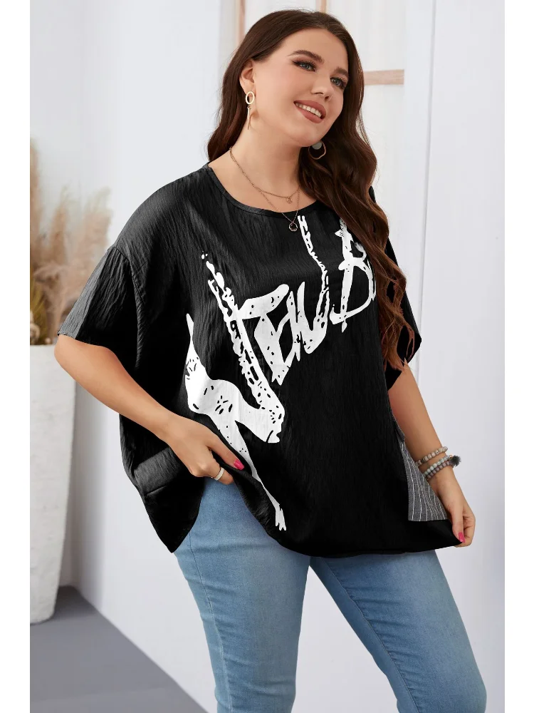 Large Women's Summer Style Commuter Pocket Round Neck Cotton Print Top plus size tee shirt femme grande taille