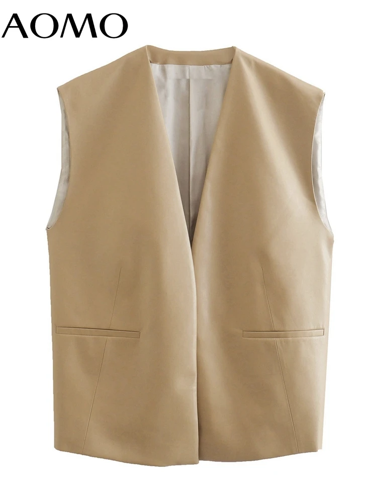

AOMO Women 2022 Fashion Solid Faux Leather V Neck Sleeveless Female Waistcoat Chic Tops QD23A