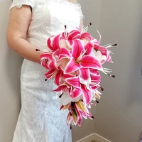new arrival waterfall dark pink lilies with white rose wedding flowers peach cascading bridal bouquet artificial flowers wedding