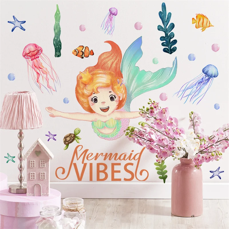 

Sea Animals Wall Stickers Bathroom Accessories Self Adhesive Vinyl Mermaid Fish Rainbow Decals Decor for Nursery Room Posters