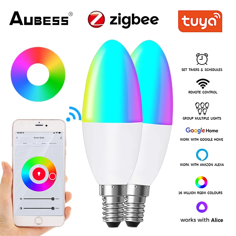 

Aubess Tuya Zigbee WIFI E14 LED Bulb Candle Color Indoor Music Light Bulb RGB C W Controller Lighting 220V Dimmable Smart Lamp