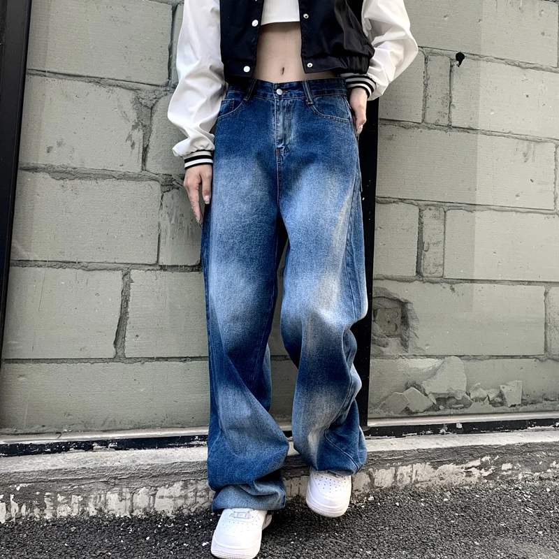 Gradient Tie Dye Wide Leg Jeans for Teenage Girls Fashion Trends Streetwear Bottoms Womens Distressed Denim Pants Casual Clothes