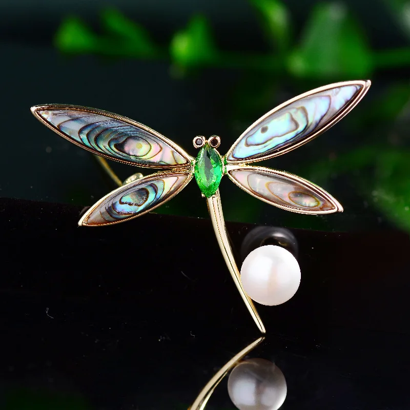 

Fashion Abalone Shell Freshwater Pearl Brooch Dragonfly Pin Temperament Clothing Creative Personality Corsage Accessories Female