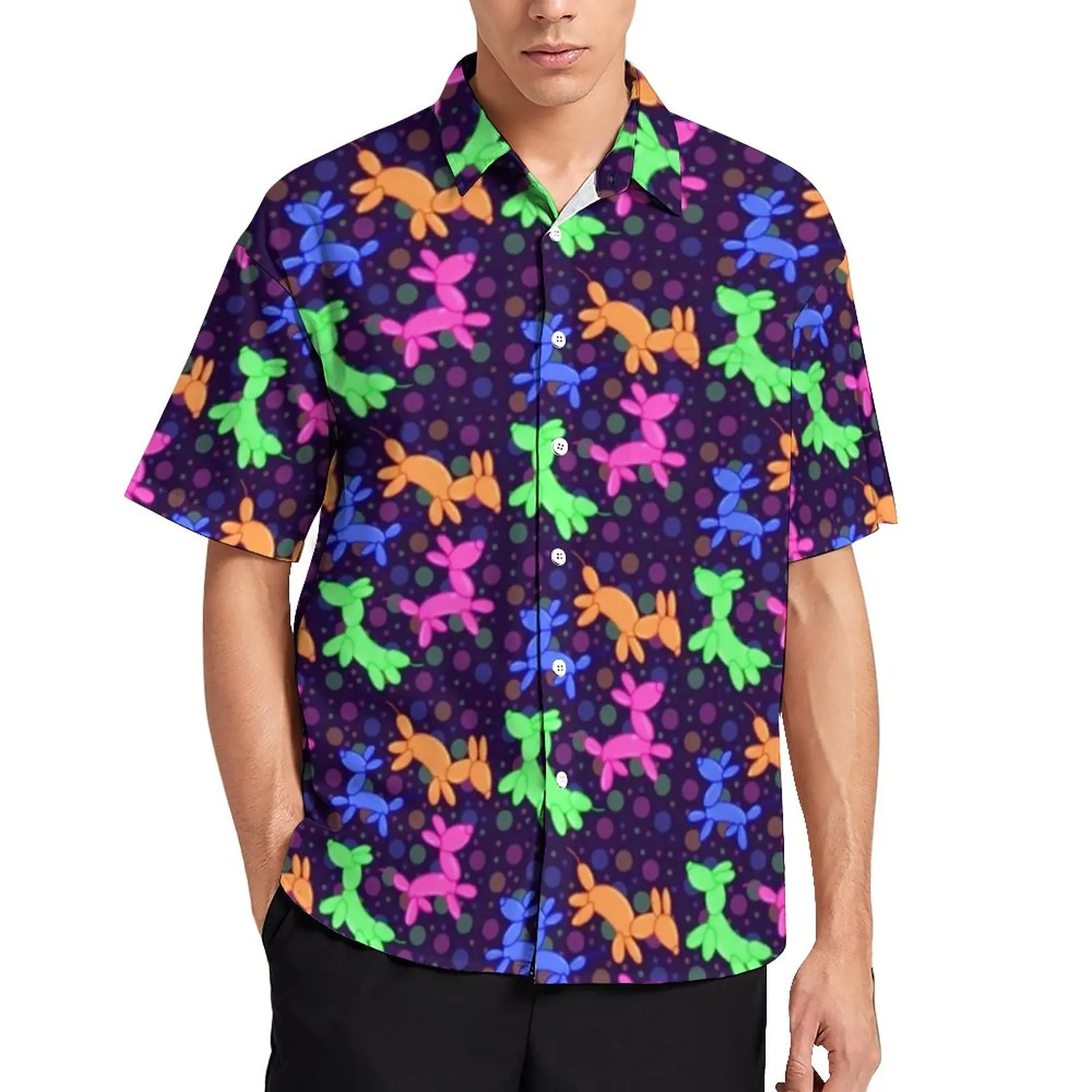 

Colorful Balloon Dog Loose Shirt Male Vacation Cartoon Animal Print Casual Shirts Hawaiian Short-Sleeve Funny Oversized Blouses