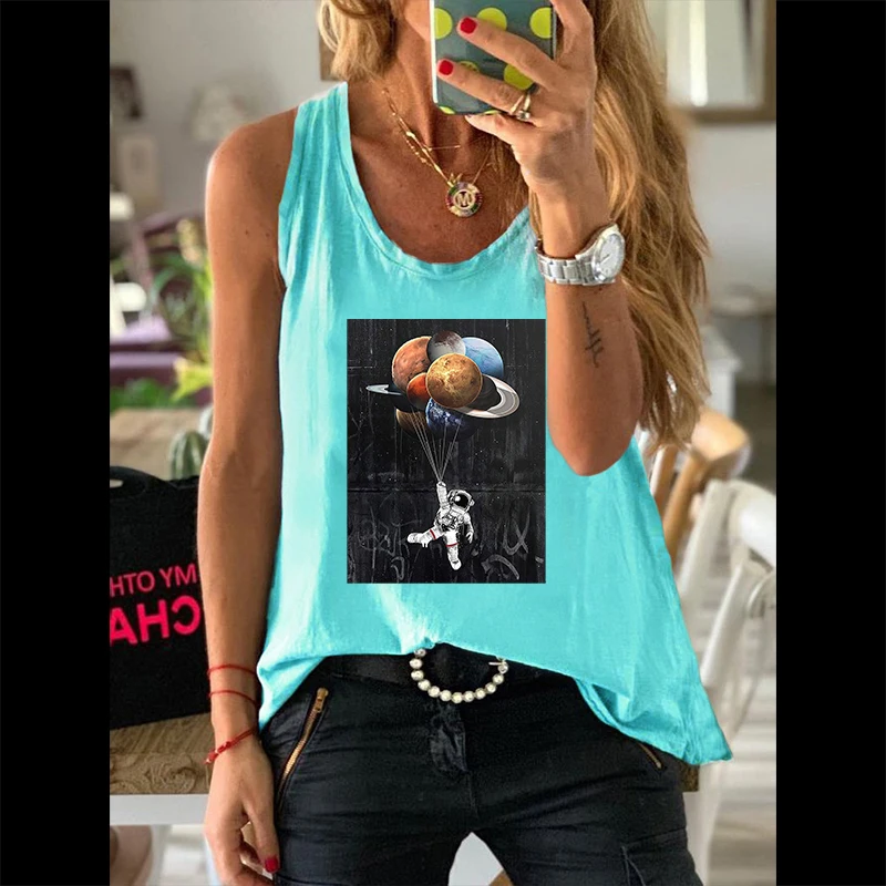 Summer Casual Fashion Women Vests Graphic 100% Cotton Sleeveless Camisole Astronaut Planets Print Ladies Regular Daily Tank Tops |