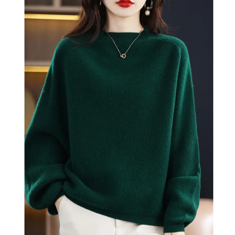 2022 autumn and winter new solid color wool sweater women's Korean version lazy all-match round neck raglan shawl outside