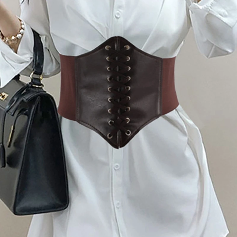 

Womens Artificial Leather Underbust Corset Waist Belt Steampunk Vintage Sexy Bustier Criss Cross Lace-Up Elastic Cincher Girdle