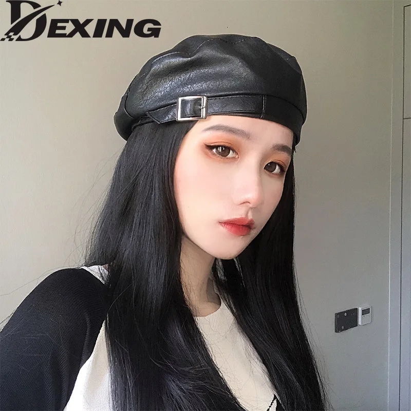 

2021 Pu leather beret female spring autumn Japanese British retro iron buckle painter cap wild octagonal hat