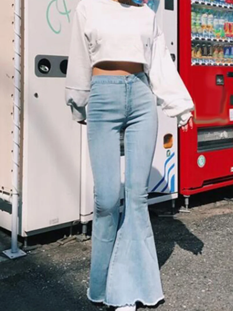 Women Solid Color Sexy High Waist Slim Bell-bottoms Denim Pants Pop Female High Waist Sports Leggings Fashion Trousers Fashion