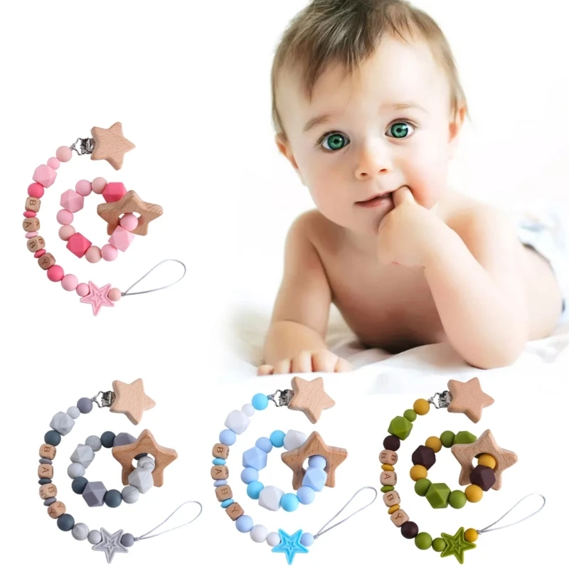 

Cartoon Teething Bracelet Silicone Wooden Bead Pacifier Clip for Baby Chewing Soother Chain Holder Babies Newborn