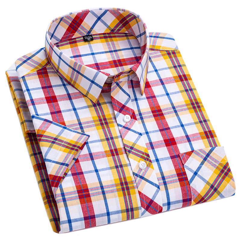 

Рубашка AOLIWEN мужская с коротким рукавом, Повседневная блуза из 100% хлопка, в клетку, впитывающая пот, удобная облегающая одежда, лето