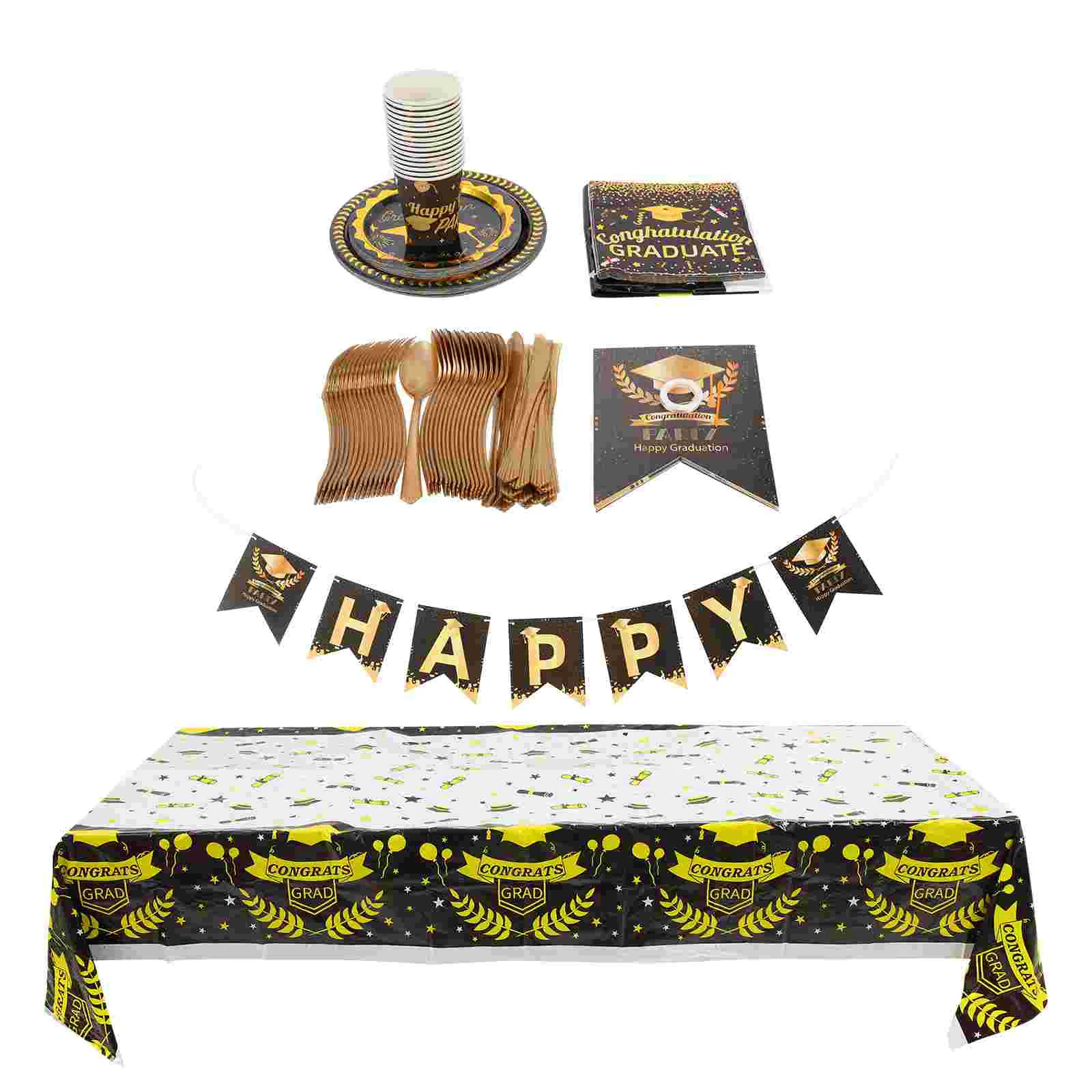 

1 Set Graduation Season Paper Plates Cups Set Party Supplies Tablecloth Banner